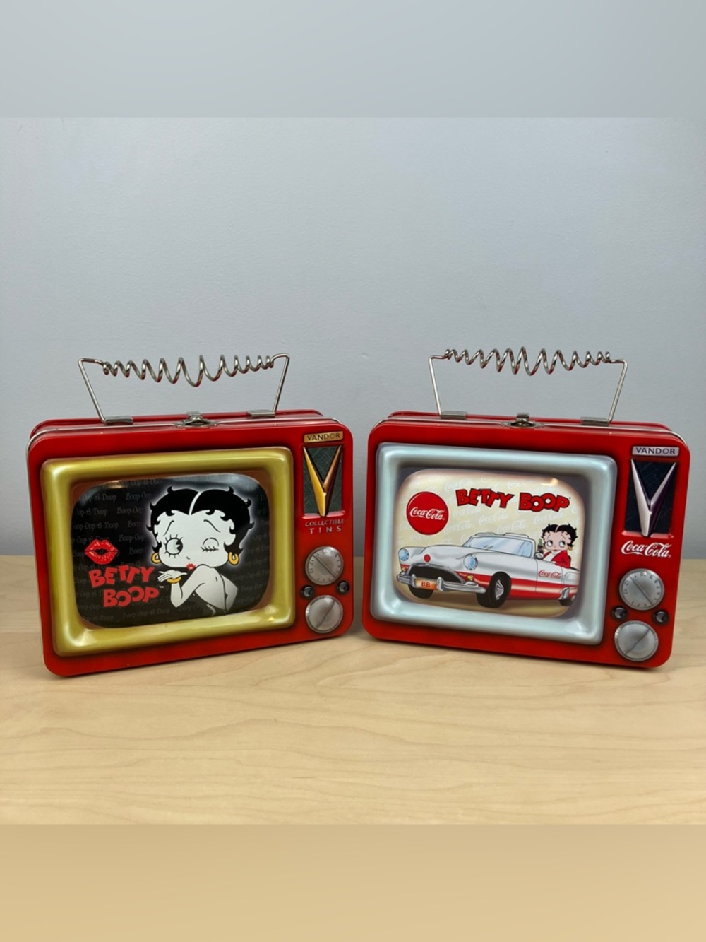 Betty Boop Collectors Coca Cola Mini TV Red Tin Lunch Box Totes Vandor Lot Of 2!